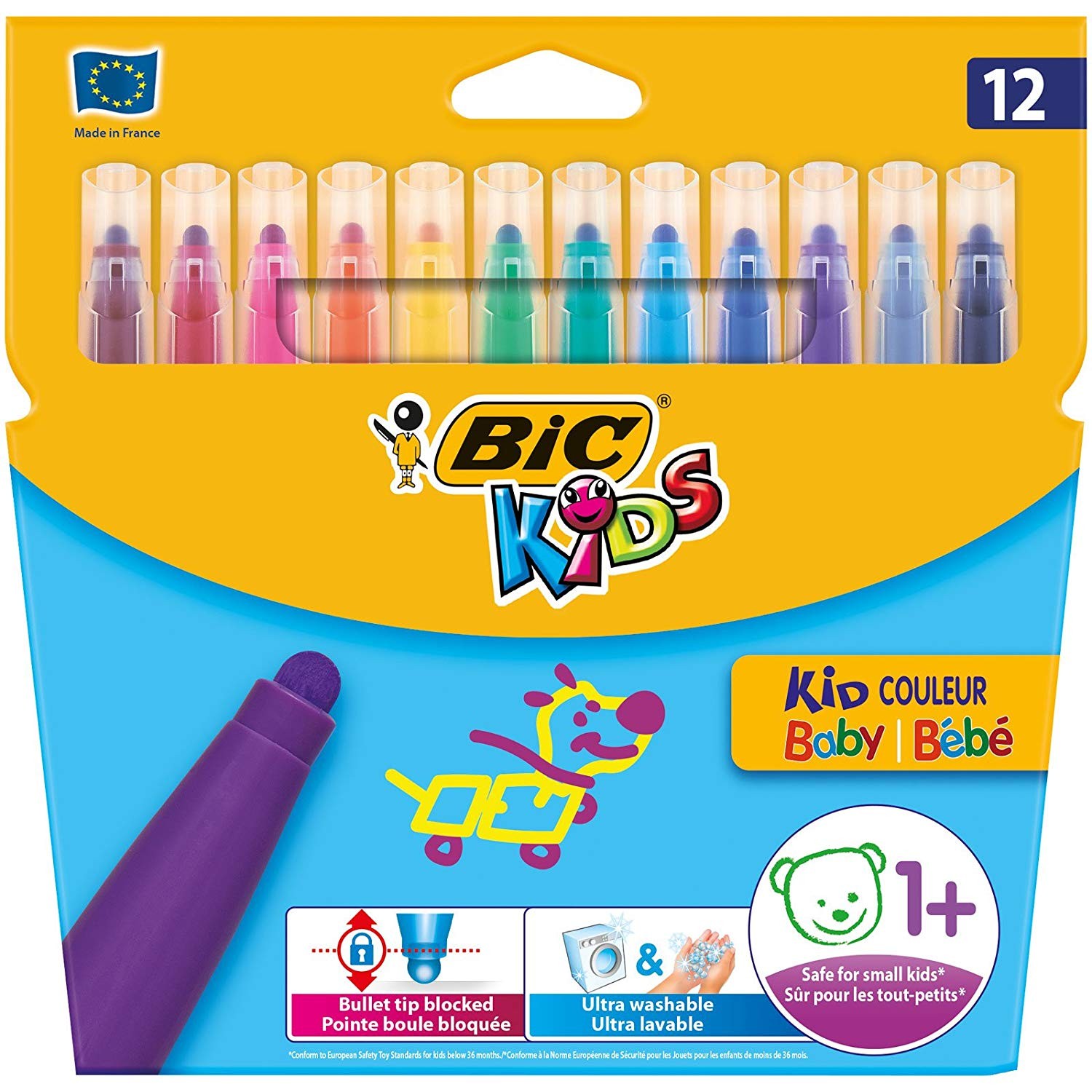 18 feutres pointes moyennes Bic Kid couleur encre ultra lavable