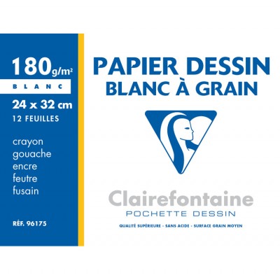 Papier Dessin à grain 24x32 Blanc 12 Feuilles 180g