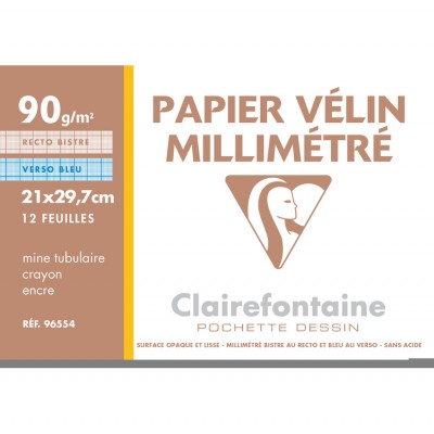 Papier Millémétré Vélin A4 21x29,7 - Pochette de 12 Feuilles 90g